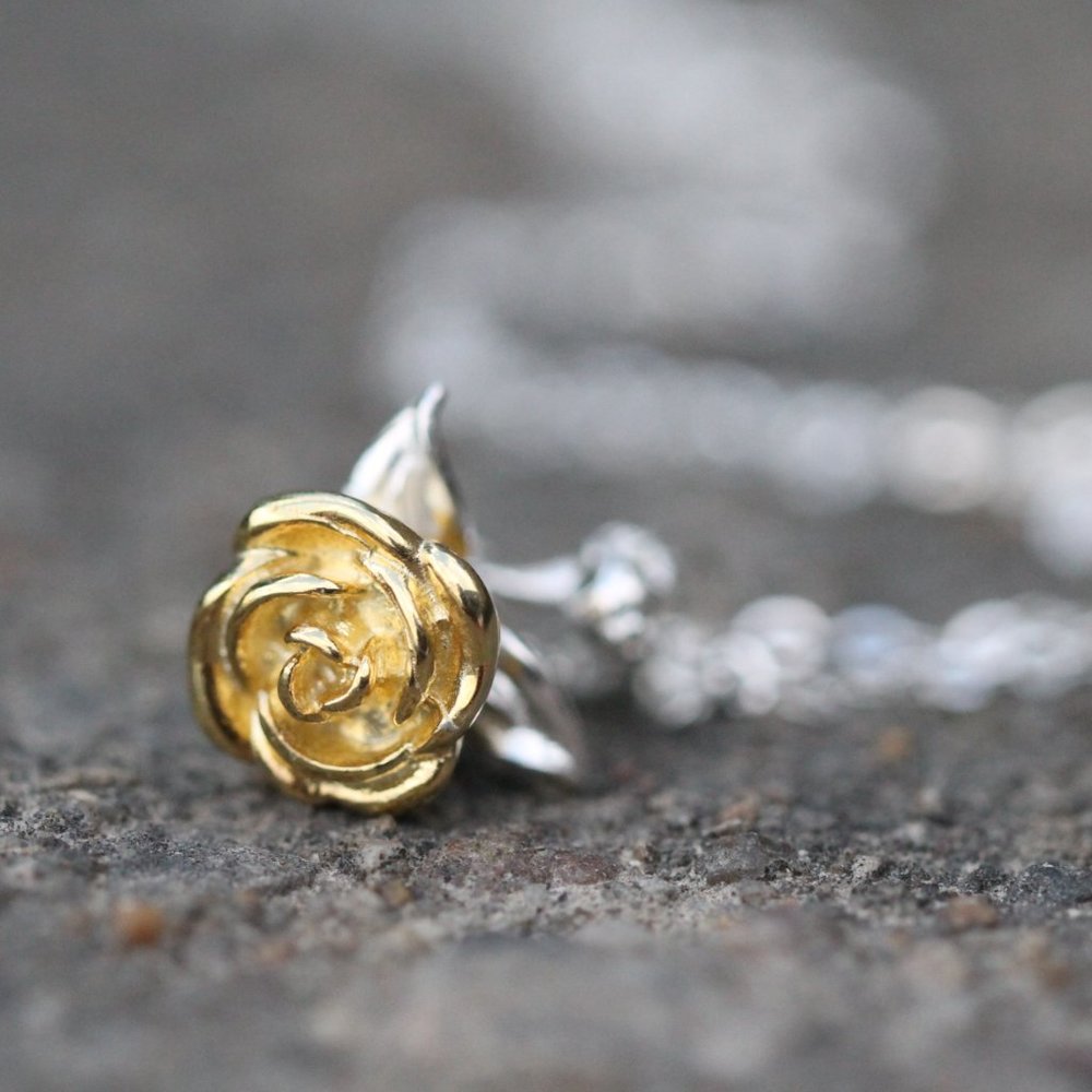 SOLD Gold Rose Flower Earrings studs Gold Vermeil Floral Earrings Studs for her - Picture 11 of 15